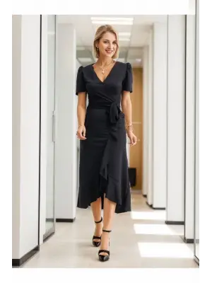 Kadın Kruvaze Yaka Midi Boy Kuşaklı Krep Elbise 120 Cm