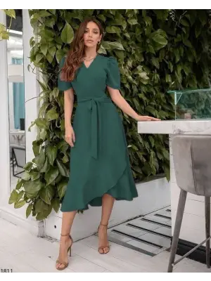 Kadın Kruvaze Yaka Midi Boy Kuşaklı Krep Elbise 120 Cm