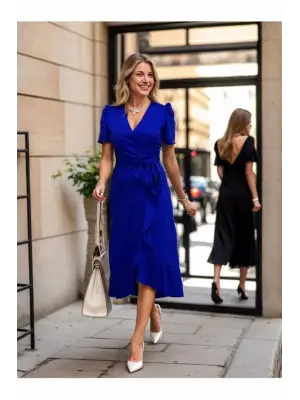 Kadın Kruvaze Yaka Midi Boy Kuşaklı Krep Elbise 120 Cm