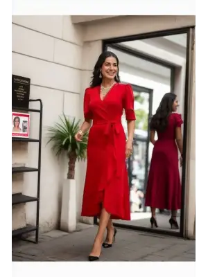 Omarı Zarif Kadın Kruvaze Yaka Elbise