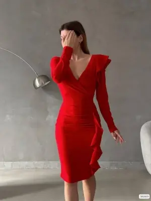 Kadın Kruvaze Yaka Volan Detay Midi Boy Fırsat ürün Elbise