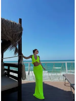 Omarı Etek Kumaş Bağlamalı Crop ve Maxi Boy İkili Takım