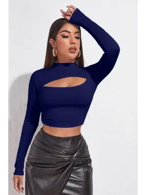 Omarı Şık Lacivert Dekolteli Uzun Kollu Crop Top Bluz