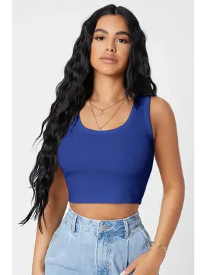 Kadın Lacivert Kare Yaka Crop Top Bluz