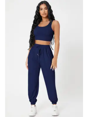 Omarı Şık Lacivert Kadın Jogger Eşofman Altı ve Bluz Seti