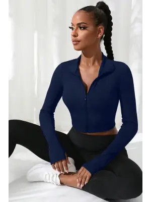 Omarı Lacivert Dik Yaka Crop Top Bluz