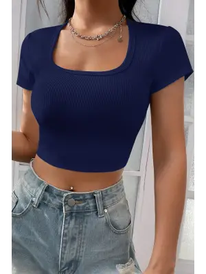 Omarı Lacivert Yarım Kol Crop Top Bluz