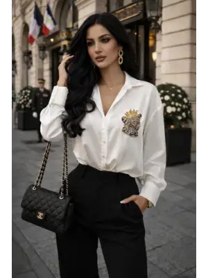 Kadın Leopar Baskılı Taş Işlemeli Jessica Kumaş Gömlek