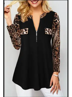 Kadın Leopar Desen Fermuar Detay Viskon Kumaş Bluz