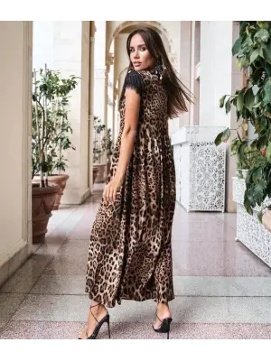 Kadın Leopar Desenli Dantelli Jesica Kumaş Maxi Boy Elbise