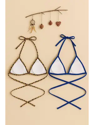 Omarı Leopar Desenli Mavi Minimal Bikini Üstü