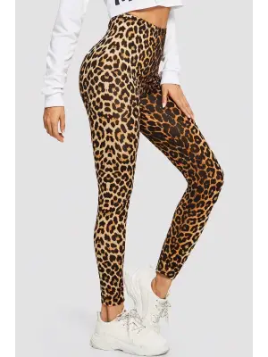 Omarı Leopar Desenli Yüksek Bel Esnek Tayt