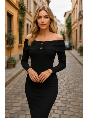 Omarı Düğme Detaylı Madonna Yaka Midi Boy Elbise