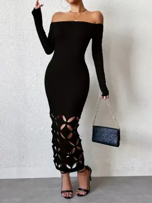 Kadın Madonna Yaka Uzun Kollu Lazer çiçek Kesim Detaylı Uzun Ithal Krep Elbise