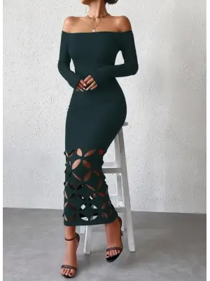 Kadın Madonna Yaka Uzun Kollu Lazer çiçek Kesim Detaylı Uzun Ithal Krep Elbise