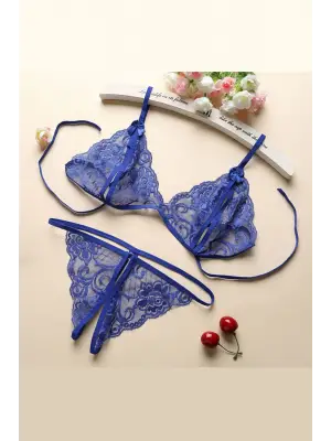 Omarı Mavi Dantel Sütyen Külot Seti