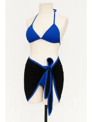 Omarı Mavi Pareolu Yandan Bağlamalı Bikini Seti