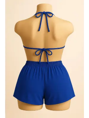 Omarı Mavi Şortlu Bağlamalı Bikini Takımı