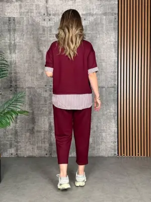 Kadın Modal Kumaş çizgili Gömlek Yaka Ikili Takım