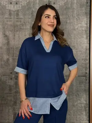 Kadın Modal Kumaş çizgili Gömlek Yaka Ikili Takım