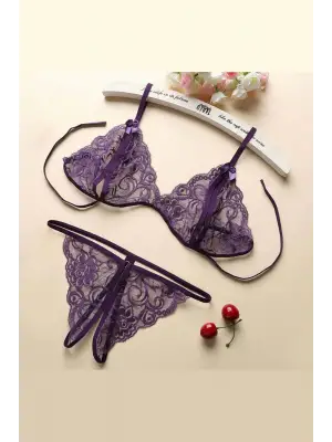 Omarı Mor Dantelli Kadın İç Çamaşırı Takımı