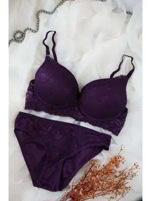 Kadın Mor Dolgulu Dantel Sütyen Ve Külot Takım