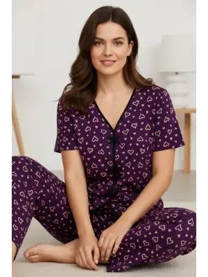 Kadın Mor Kalp Desenli Fiyonklu Kısa Kollu Uzun Pijama Takımı