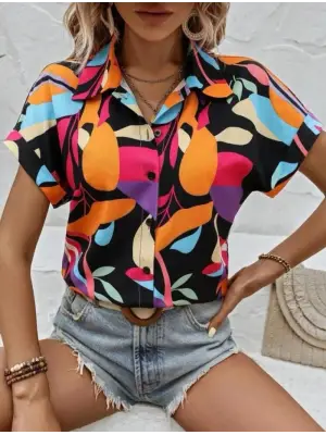 Kadın Moss Krep Kumaş Kısa Kol Çiçek Desenli Gömlek