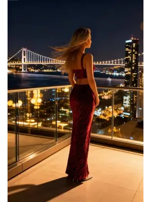 Kadın Omuz Askılı Zebra Desen Simli Kumaş Büstiyer Ve Derin Yırtmaç Dekolteli Etek Ikili Takım