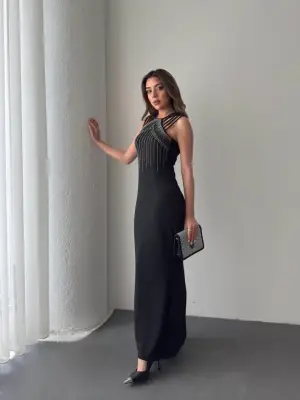 Kadın Omuz çoklu Askılı önü Taş Işlemeli Balık Kesim Janjan Krep Maxi Boy Elbise