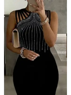 Omarı Taş Işlemeli Balık Kesim Maxi Elbise