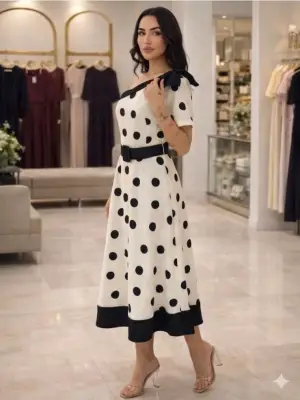 Kadın Omuz Dekolteli Fiyonk Ve Puantiye Detay Maxi Boy Elbise