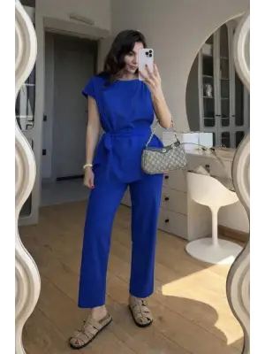 Kadın Omuz Detay Kuşak Dahil Bluz Ve Pantolon Keten Kumaş Ikili Takım