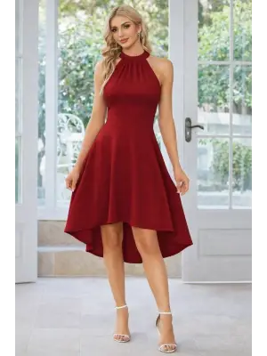 Kadın Omuzlardan Açık Boyundan Halka Detaylı Görünümlü Asimetrik Detaylı Kısa Ithal Krep Elbise