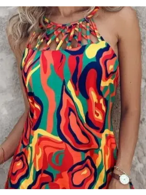 Kadın Omuzlardan Açık çapraz şerit Detaylı Desenli Süprem Elbise