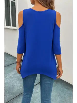 Kadın Omuzlardan Açık Sıfır Yaka Asimetrik Kesim Detay Viskon Bluz