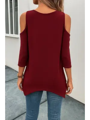 Kadın Omuzlardan Açık Sıfır Yaka Asimetrik Kesim Detay Viskon Bluz