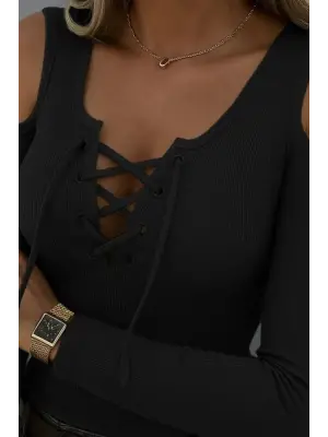 Kadın Omuzlardan Açık Uzun Kollu Bağcıklı Kaşkorse Bluz