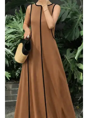 Kadın Omuzlardan Açık Yaka Ince şerit Detaylı Uzun Viskon Elbise