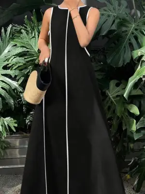 Kadın Omuzlardan Açık Yaka Ince şerit Detaylı Uzun Viskon Elbise