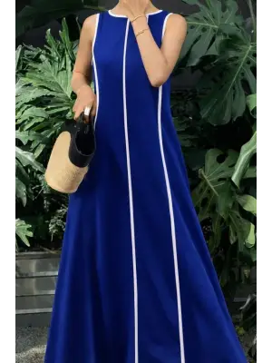 Kadın Omuzlardan Açık Yaka Ince şerit Detaylı Uzun Viskon Elbise