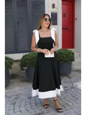 Kadın Omuzlardan Kurdela Askılı çift Renkli Kiloş Ithal Krep Elbise