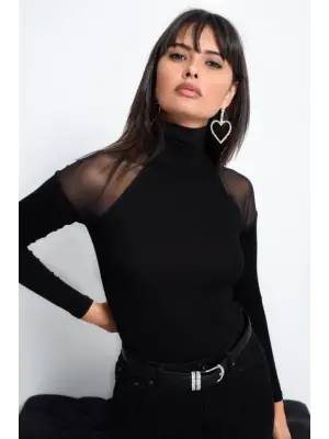 Kadın Omuzları Tül Balıkçı Yaka Viskon Kumaş Bluz