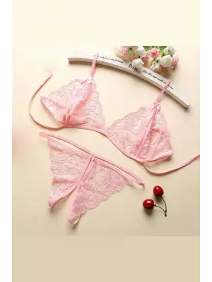 Omarı Pembe Dantelli Sütyen Külot Takımı