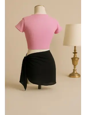 Omarı Pembe Crop Üst ve Siyah Pareo 2li Set