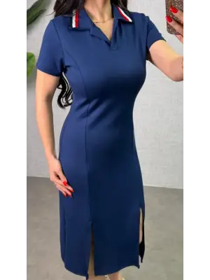 Kadın Polo Yaka çift Yırtmaç Detay Modal Kumaş Midi Boy Elbise