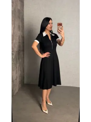 Kadın Polo Yaka Fermuar Detaylı Modal Midi Elbise