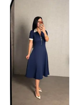 Kadın Polo Yaka Fermuar Detaylı Modal Midi Elbise