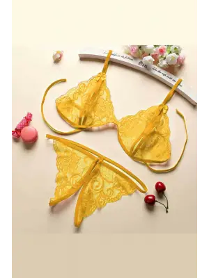 Omarı Sarı Dantelli Kadın İç Çamaşırı Takımı