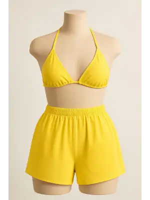 Kadın Sarı Şortlu Belden ve Boyundan Bağlamalı Bikini Takımı